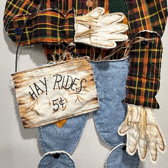 Handmade Vintage 48" Scarecrow Wall Decor Fabric Plaid Denim Articulated Hayride - Picture 8 of 13